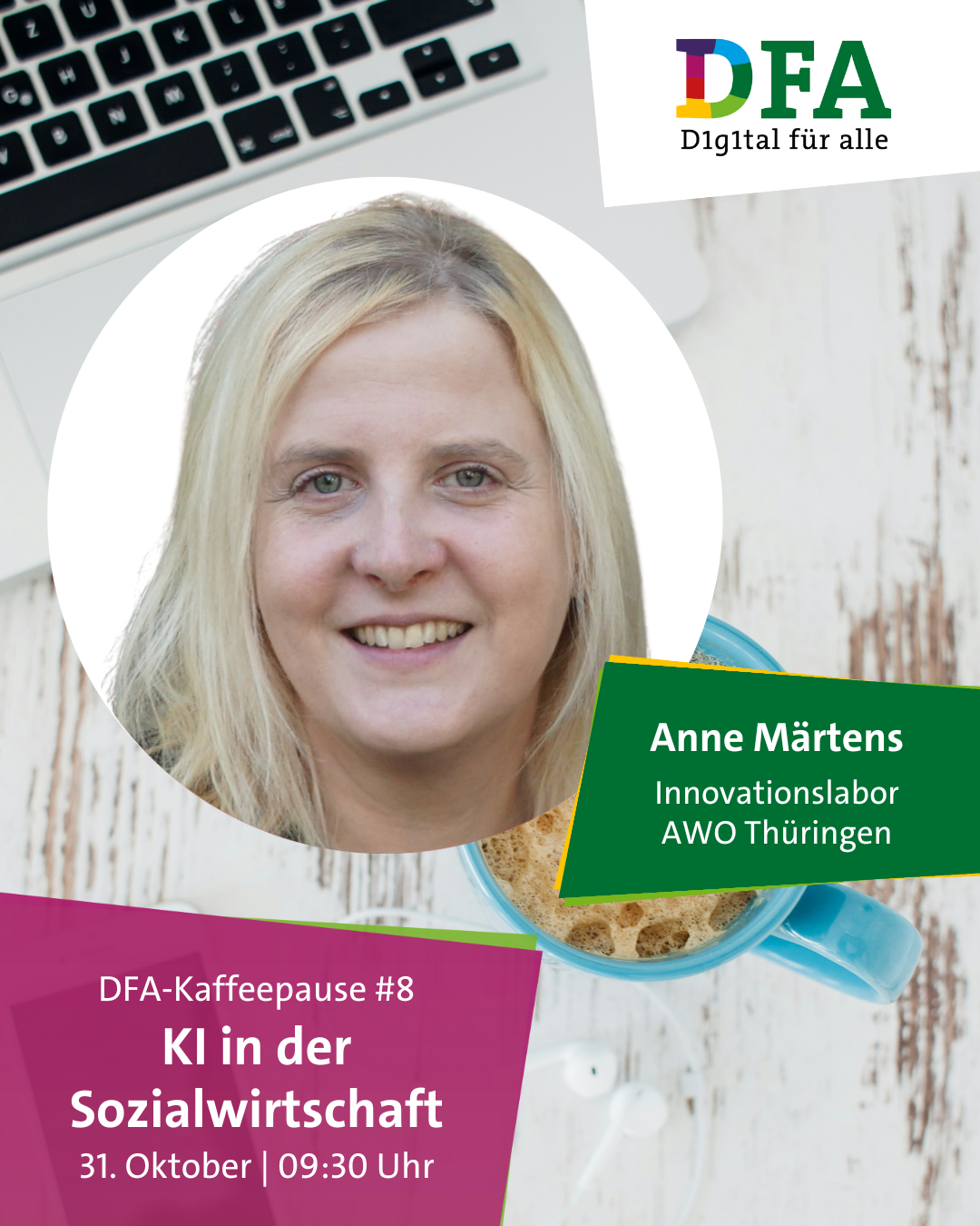 Die Grafik kündigt die Veranstaltung „DFA-Kaffeepause #8 – KI in der Sozialwirtschaft“ an, die am 31. Oktober um 09:30 Uhr stattfindet.