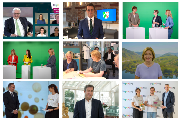 Collage von Auftritten von Politikerinnen und Politiker beim Digitaltag-Livestream, z. B. Bundespräsident Frank-Walter Steinmeier, Bundesminister Volker Wissing, Ministerpräsident Markus Söder 