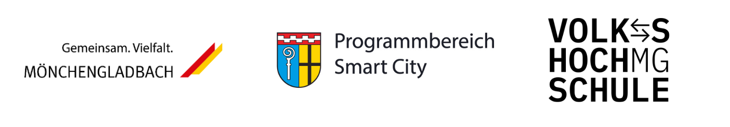 Logos Stadt Mönchengladbach, Programmbereich Smart City Stadt Mönchengladbach, Volkshochschule Mönchengladbach