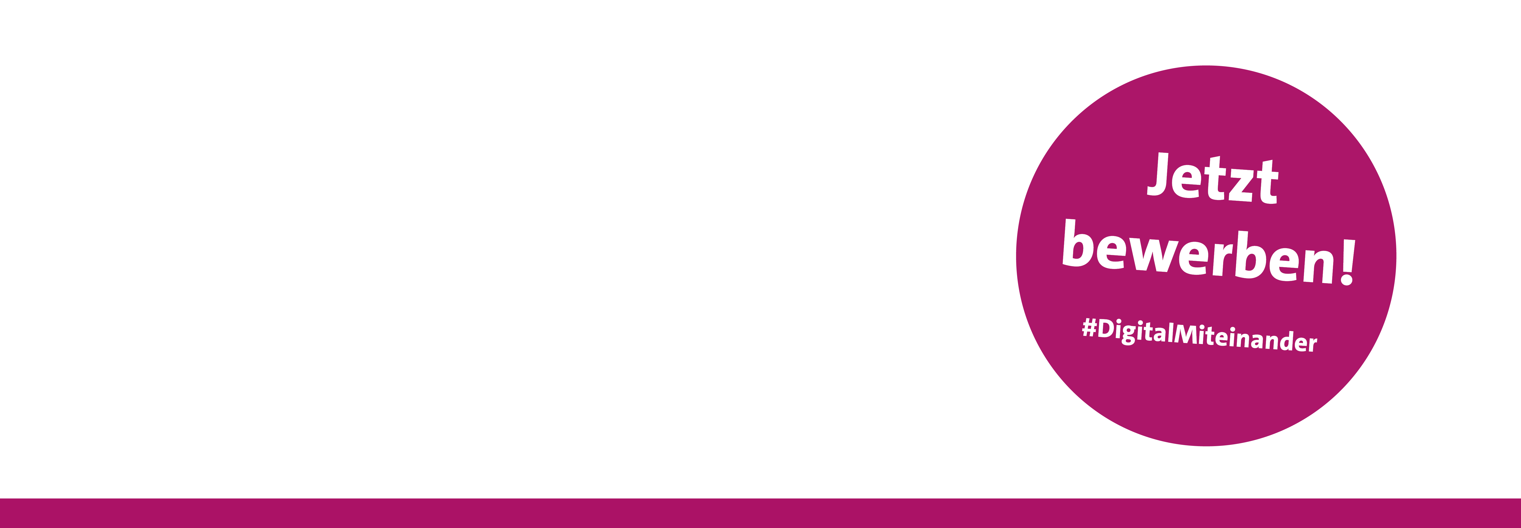 Eine Gruppe Menschen legt die Hände im Kreis zusammen, pinker Kreis mit der Aufschrift: Digital Miteinander