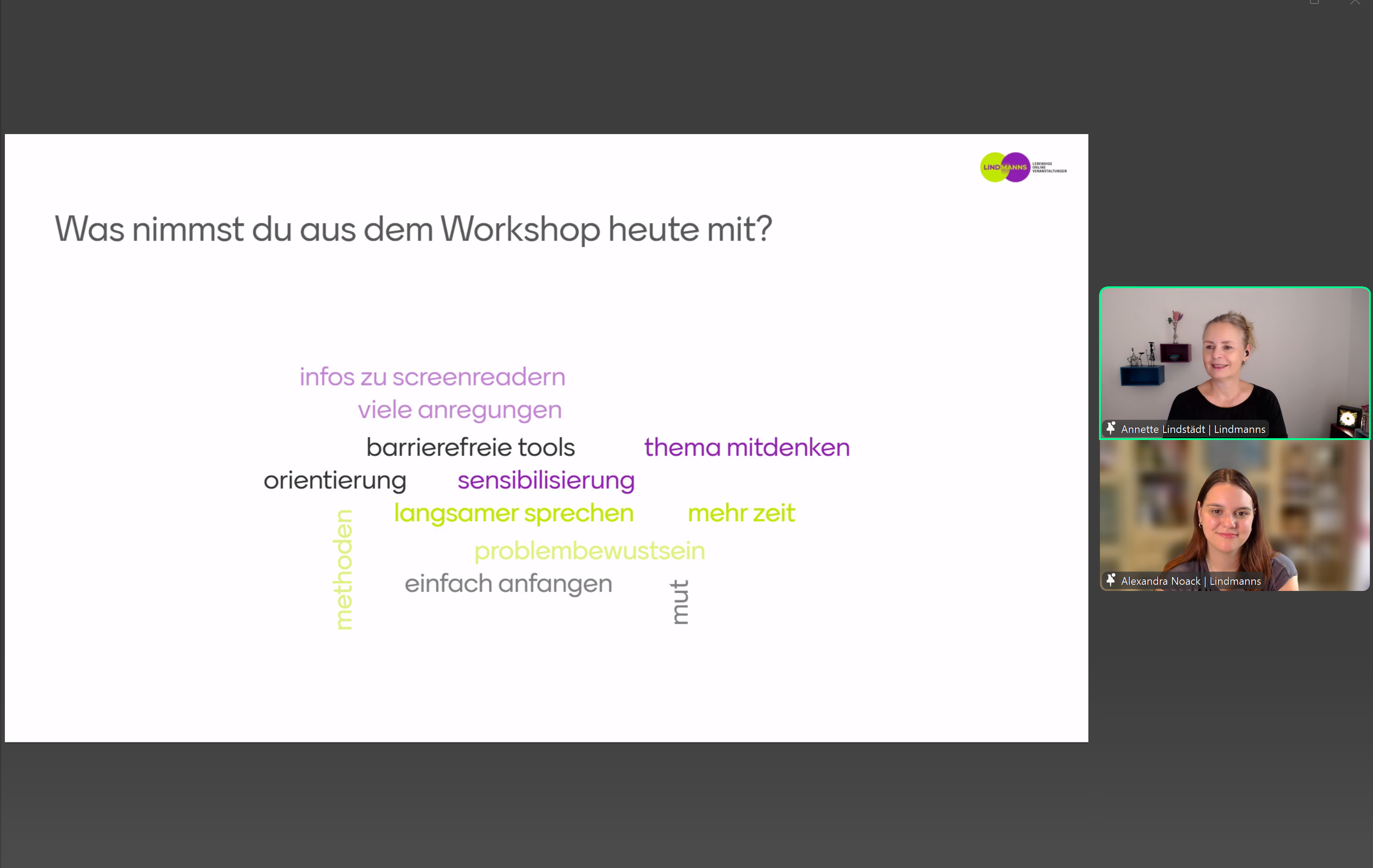 Screenshot einer Online-Veranstaltung zu barrierefreien Online-Meetings